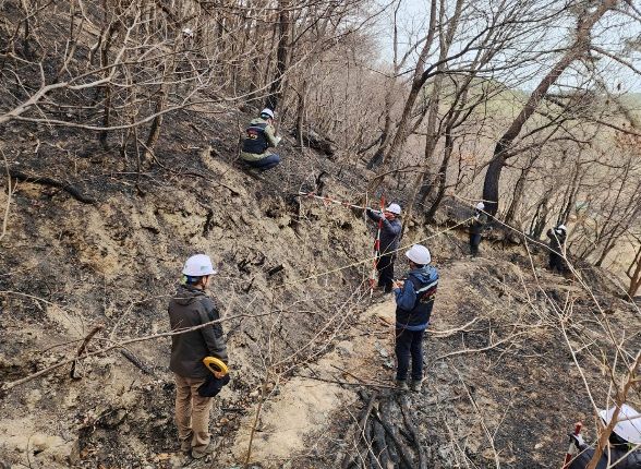 산림청은 경상남도 함양군과 밀양시의 산불 피해지역에 대해 2차 피해 예방을 위한 긴급진단을 하고있다