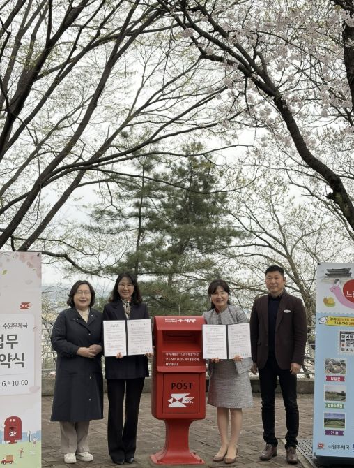 협약식 참석자들이 느린우체통 앞에서 기념촬영을 하고 있다.